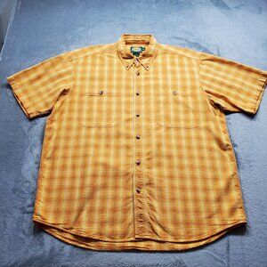 Cabela's Outfitter Short Sleeve Plaid Shirt 2 Pockets Yellow Orange Men Sz L